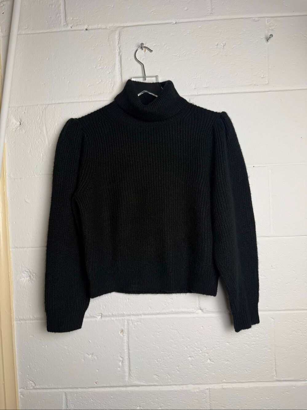 J.Crew Ribbed Cropped Turtleneck Sweater Black Puff Sleeve Alpaca Merino Wool Si